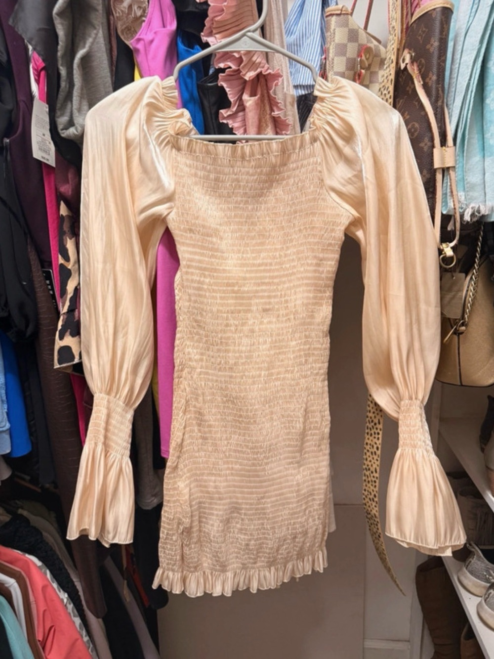 Smocked Scrunch Puff Sleeve Mini Dress in Champagne